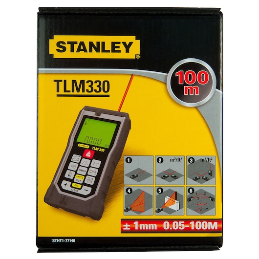 Photo of STANLEY STHT1-77140 laser distance measurer TLM330 packaging, yellow and black, 100m range, front angle.