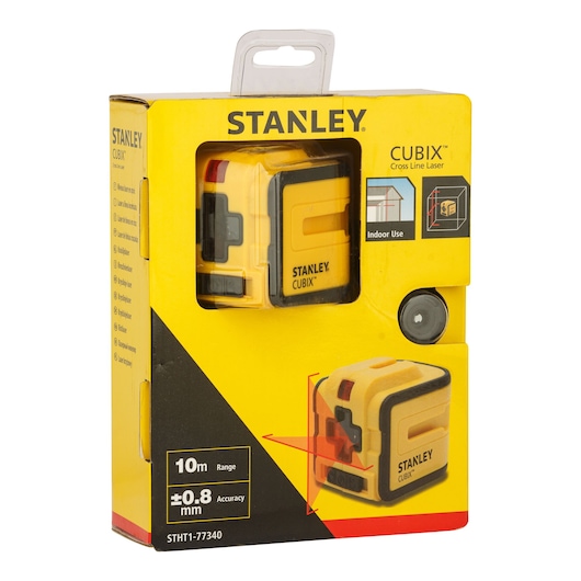 STANLEY STHT1-77340 photography product, Cubix cross line laser in yellow and black, front packaging angle.