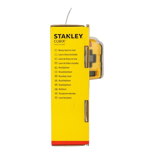 STANLEY STHT1-77340 yellow cross line laser packaging side view showing product name and features list.