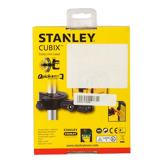 Stanley STHT1-77340 photography rear view of Cubix Cross Line Laser box with yellow design and bracket image.