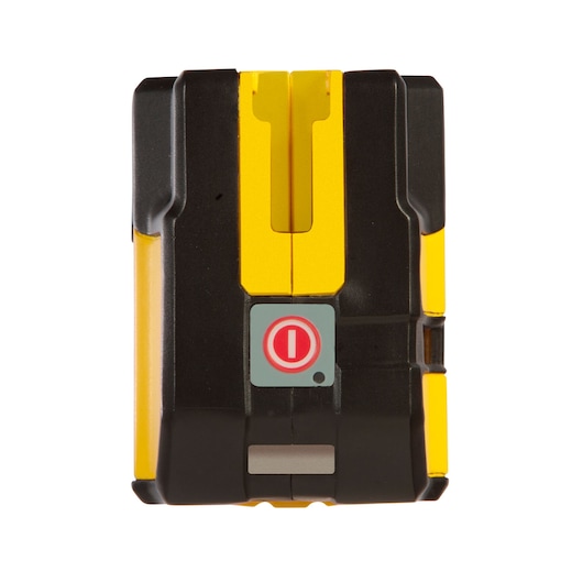 STANLEY STHT1-77341 photography laser level, front angle, yellow and black casing with power button.
