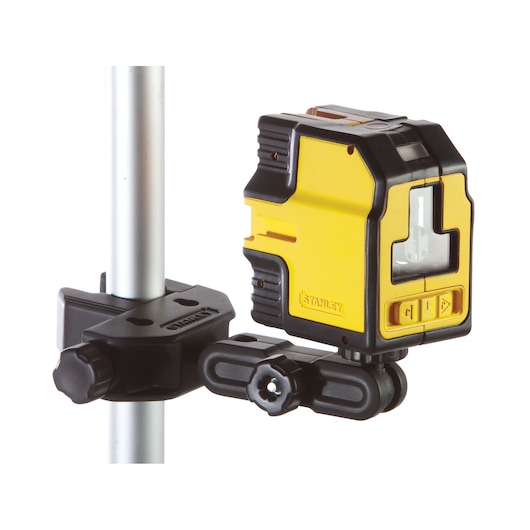 STANLEY STHT1-77341 photography laser level with clamp, yellow and black, front angle on white background.
