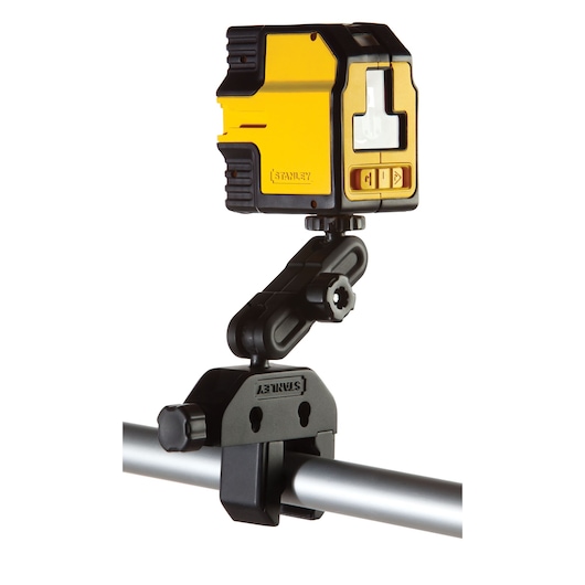STANLEY STHT1-77341 yellow and black laser level mounted on adjustable clamp, side angle, white background.