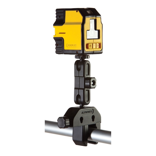 STANLEY STHT1-77341 yellow and black laser level on clamp mount, front angle, photography product.