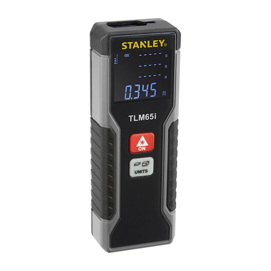 Photo of STANLEY STHT1-77354 laser distance measurer TLM65i, black and gray, angled front view showing display and buttons.