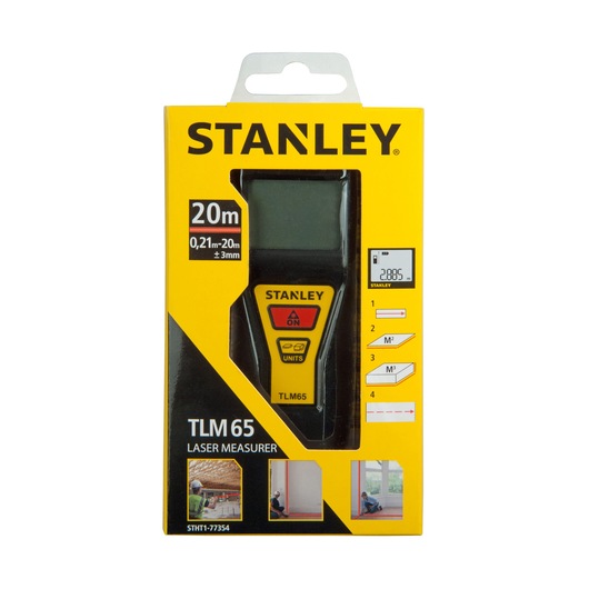 Photo of STANLEY STHT1-77354 TLM65 laser measurer in yellow retail packaging, front angle, 20 meter range shown.
