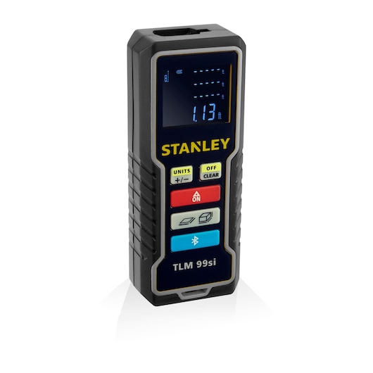 STANLEY STHT1-77361 laser distance measurer, angled front view, black body with colored buttons and digital display.