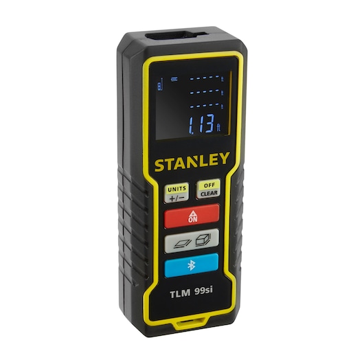 STANLEY STHT1-77361 laser distance measurer with LCD display, multi-color buttons, front angle on white background.