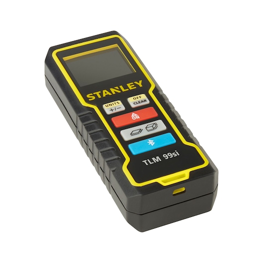 Photo of STANLEY STHT1-77361 laser distance meter, black and yellow, angled view on white background.