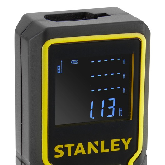 Photo of STANLEY STHT1-77361 laser distance measurer, close-up of digital display showing 1.13 ft measurement.