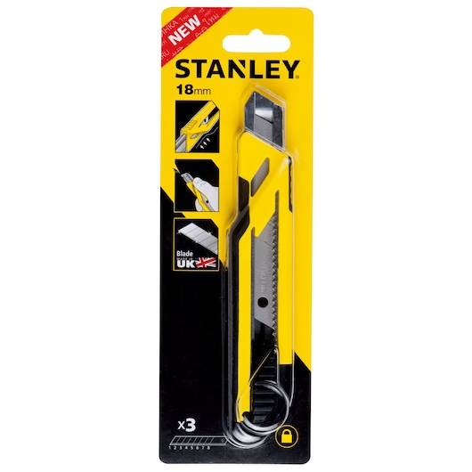 STANLEY STHT10266-8-KR utility knife, 18mm blade, yellow and black, front view on white background.