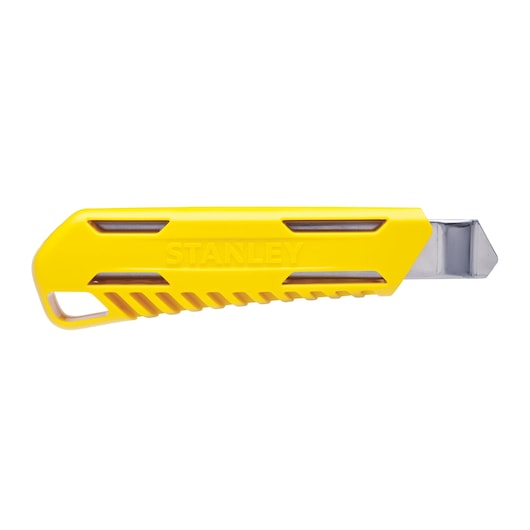 STANLEY STHT10276-8 yellow utility knife with silver blade, left side view, photography on white background.