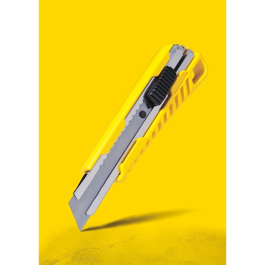 STANLEY STHT10276-8 utility knife, yellow and gray, angled side view, photography.