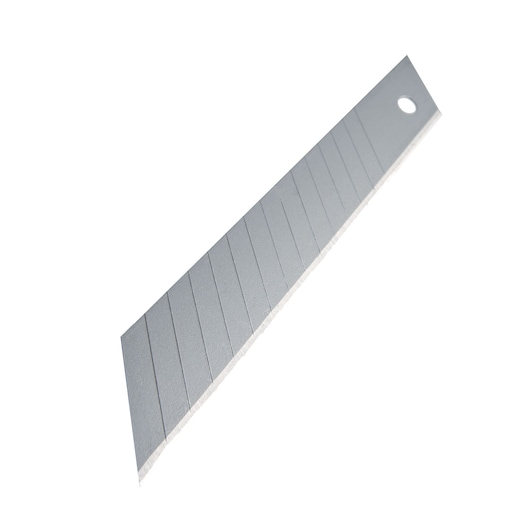 STANLEY STHT11147 snap-off utility blade, silver, angled view, showing segmented lines and round hole.