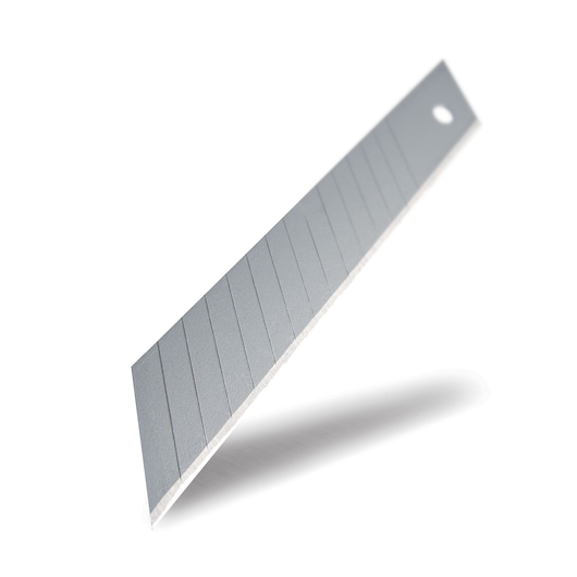STANLEY STHT11147 snap-off utility knife blade, silver, angled close-up, on white background.
