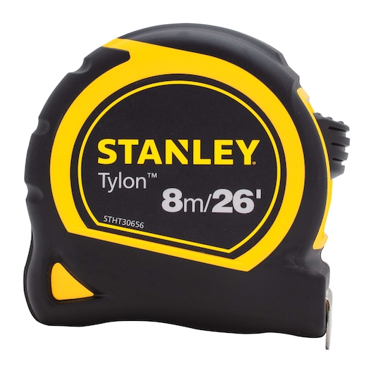 Front angle of STANLEY Tylon 8m/26ft tape measure, black and yellow casing on white background