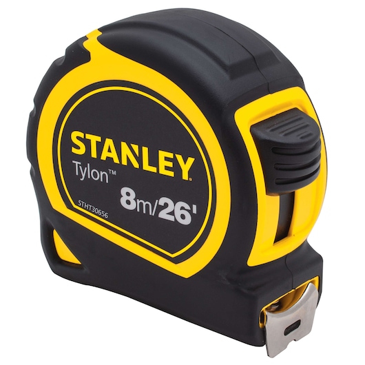 Front angled shot of STANLEY Tylon tape measure, black and yellow, 8m/26ft length, on white background