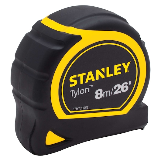 Stanley Tylon tape measure, black and yellow, front angle, 8m/26ft length, photography category