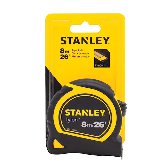 STANLEY STHT30656 8m/26ft Tylon tape measure, black and yellow, front view on white background.