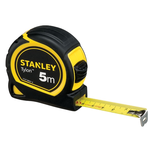 STANLEY STHT33203-8 tape measure, yellow and black, side angle with extended blade.