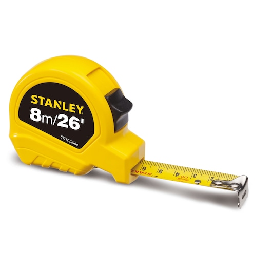 Photo of STANLEY STHT33994-8 yellow 8m/26ft tape measure, angled view on white background.