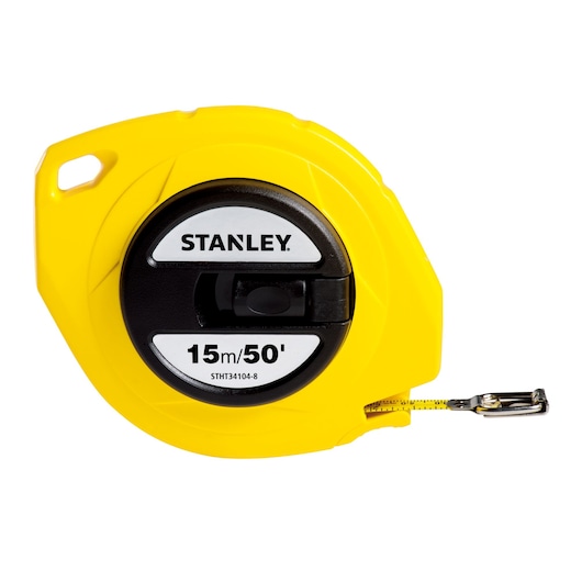 STANLEY STHT34104-8 yellow open reel measuring tape, 15m/50ft, front angle, white background.