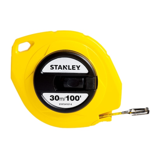 Photo of STANLEY STHT34107-8 open reel tape measure with yellow casing, 30m/100ft length, front angle view.