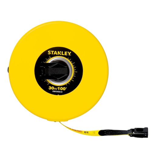 Photo of STANLEY STHT34262-8 yellow 30m/100ft tape measure, front angle, product category Photography.