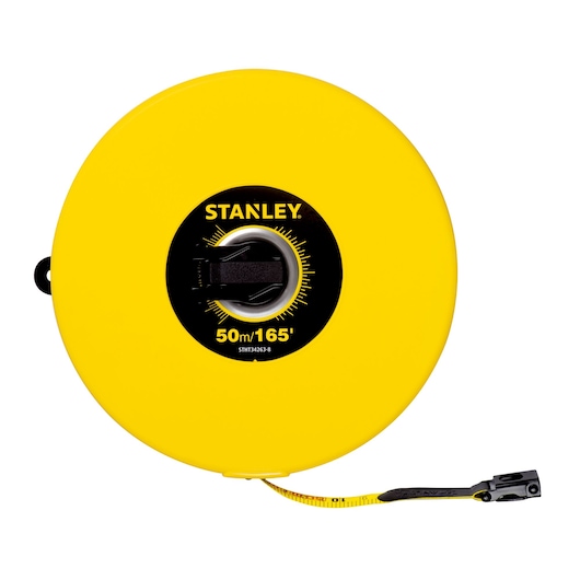 Photo of STANLEY STHT34263-8 yellow 50m/165ft tape measure, front angle, with black handle.