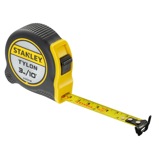 STANLEY STHT37190 tape measure, 3m/10ft, yellow and black, angled view on white background.