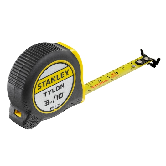 Photo of STANLEY STHT37190 tape measure, black and yellow, 3m/10ft length, angled on white background.