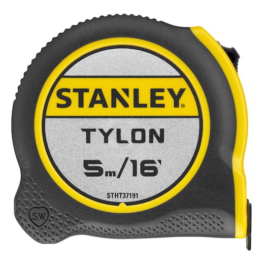 Stanley STHT37191 tape measure, front view, grey and yellow casing, 5m/16ft Tylon series.