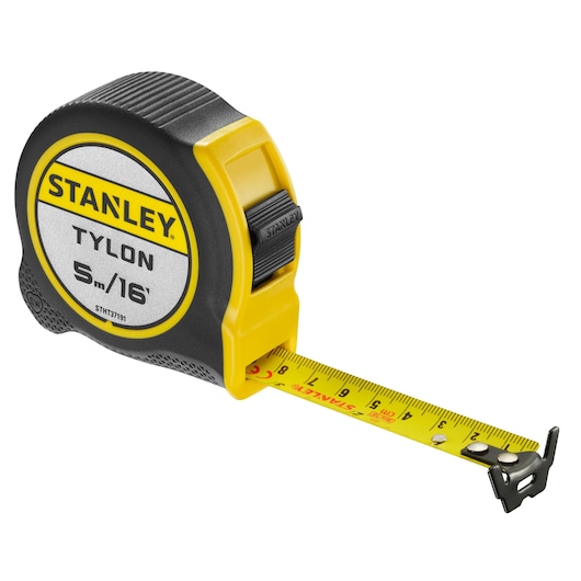Photo of STANLEY STHT37191 tape measure, yellow and black, with extended yellow measuring tape, angled view.