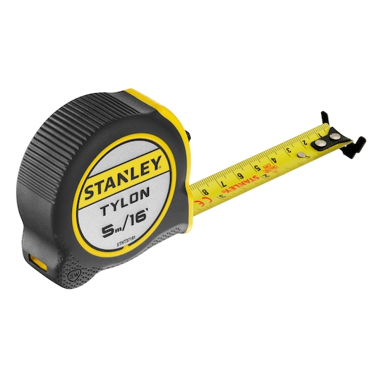 STANLEY STHT37191 tape measure with yellow and black case, extended yellow blade, front angle.