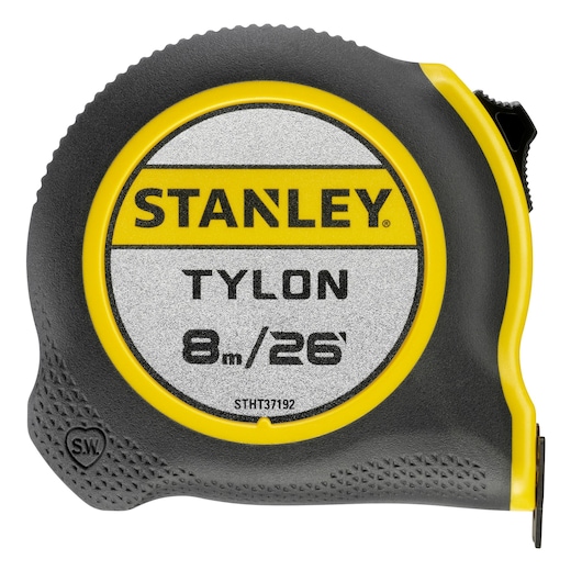 STANLEY STHT37192 tape measure, black and yellow, Tylon 8m/26ft, product front view on white background.