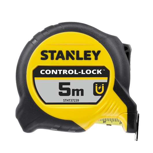 Stanley STHT37239 tape measure with yellow and black casing, front angle, Control-Lock, 5m length shown.