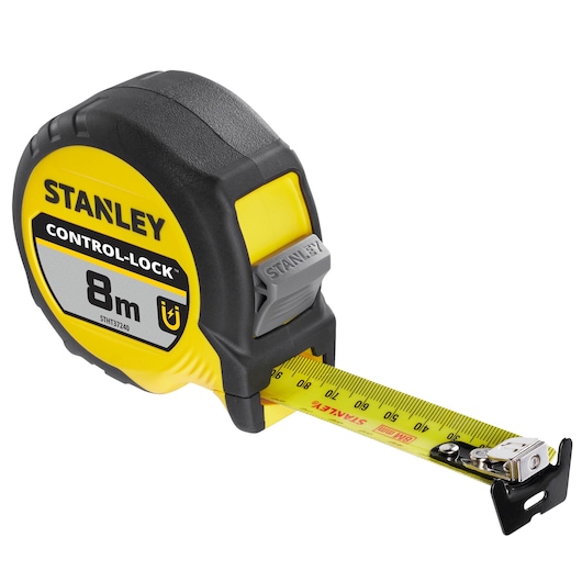 STANLEY STHT37240 tape measure, yellow and black, CONTROL-LOCK, 8m, side angle on white background.