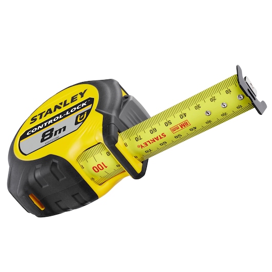 STANLEY STHT37240 tape measure, yellow and black, 8m length, angled on white background.