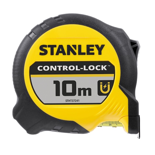 Stanley Control-Lock measuring tape, 10 meters, yellow and black plastic casing, product STHT37241.