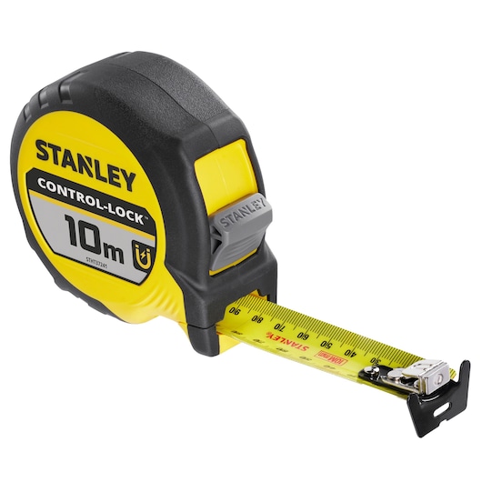 Stanley Control-Lock 10m tape measure with yellow casing and extended measuring tape.