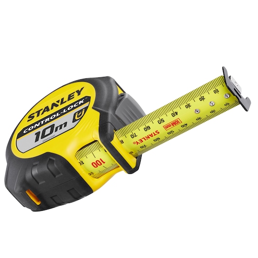 Stanley Control-Lock 10m yellow and black tape measure, with extended marked metal blade.