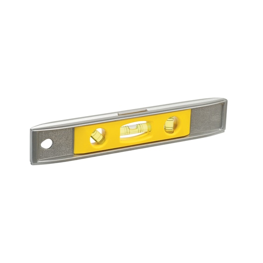 Photo of STANLEY STHT42465-8 spirit level with yellow insert, silver finish, angled on white background.