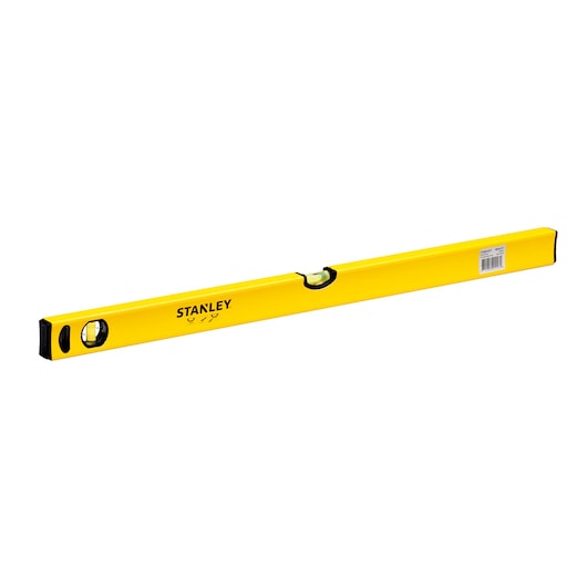 STANLEY STHT43104-8 yellow spirit level, three vial, side view, black end caps, hand tool.