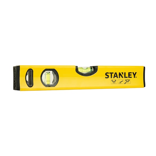 Photo of STANLEY STHT43118-8 yellow spirit level, front angle, with three bubble vials and black accents.