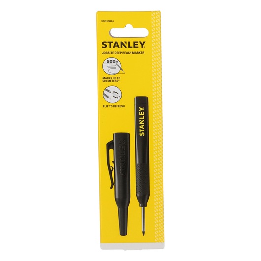 Stanley jobsite deep reach marker in black, packaged on a yellow card, suitable for marking up to 500 meters.