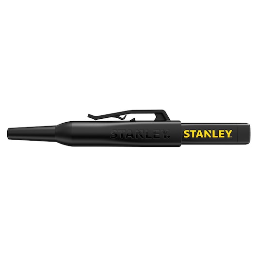 Photo of STANLEY STHT47003-0 black voltage tester pen, side view, with yellow STANLEY logo on white background.