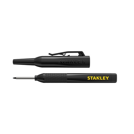 STANLEY STHT47003-0 black marking pen with clip, cap off to show fine tip, flat lay on white background.