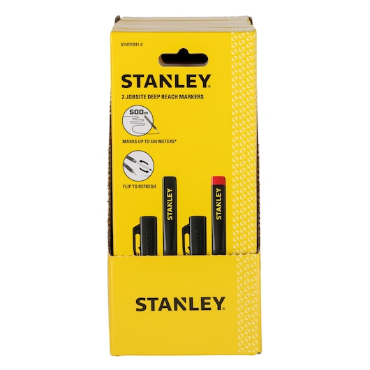 Stanley 2 Jobsite Deep Reach Markers in yellow packaging, markers visible, suitable for marking up to 500 meters.