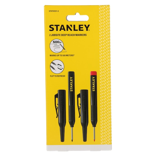 Stanley pack with two deep reach markers for jobsite use, on a yellow background with product details visible.