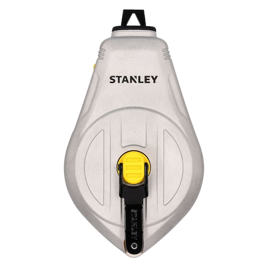 STANLEY STHT47110-0 chalk line reel in silver with yellow details, front angle on white background.
